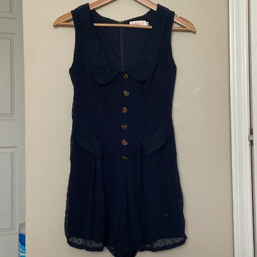 Sleeveless Navy Romper with Heart Buttons